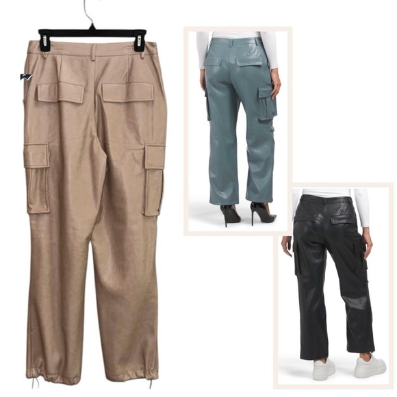 New 7 FOR ALL MANKIND Faux Leather Cargo Pants Vegan Tan Drawstring Ankle Wmn S - Picture 9 of 16